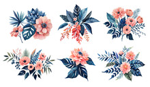 Blue And Coral Flower Bouquet Set. Generative Ai