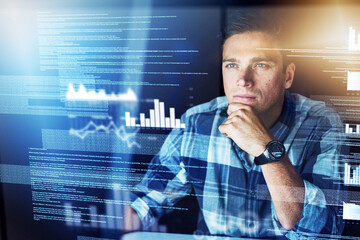 Leinwandbilder - Programmer, hologram and man with focus, cyber security and data analysis with coding, website information or futuristic. Male person, employee or coder with concentration, holographic or programming