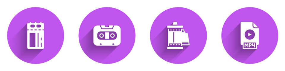 Set Cinema ticket, Retro audio cassette tape, Camera roll cartridge and MP4 file document icon with long shadow. Vector