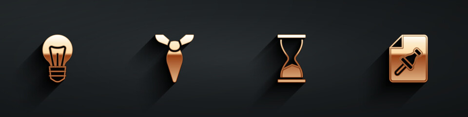 Poster - Set Light bulb, Tie, Old hourglass and Note paper with push button icon with long shadow. Vector