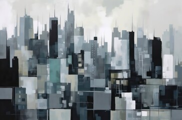 Wall Mural - Abstract oil drawing of city skyline panorama in black and white colors. Generative AI.