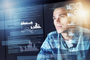 Leinwandbilder - Programming, hologram and man with code, coding and data analysis with graphs, charts and online reading. Male person, employee or programmer with concentration, holographic or research for software