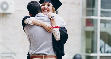Poster - Graduation, excited couple hug and woman student at college event for education and study with happiness. Class and university graduate feeling success, motivation and pride with students and love