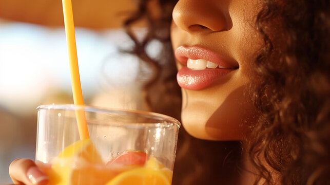 An illustration of a close up of woman lips with a drinking straw, summer refreshment concept. A.I. generated.