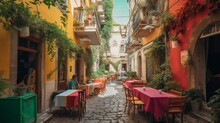 Famous Colorful Outdoor Cafe In The Most Beautiful Sicilian Village Generative AI