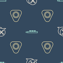 Set line Drum sticks, Guitar pick and and drum on seamless pattern. Vector