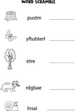Puzzle For Kids. Word Scramble For Children. Black And White Woodland Animals.