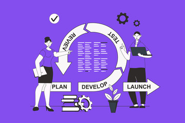 Aufkleber - Agile development web concept with character scene in flat design. People working and develop software, test, review and other devops cycle. Illustration for social media marketing material.