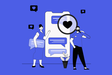 Aufkleber - Comments web concept with character scene in flat design. People leaving messages in chats, discussing and communicating online in mobile app. Illustration for social media marketing material.