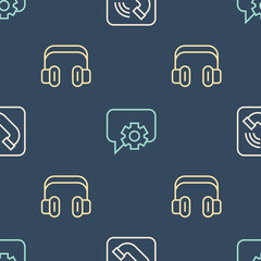 Poster - Set line Telephone handset, Headphones and 24 hours support on seamless pattern. Vector