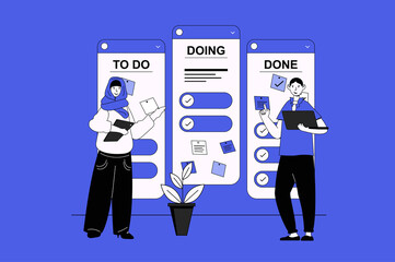 Wall Mural - Kanban web concept with character scene in flat design. People using cards with tasks on board for visualizing workflow and works on project. Illustration for social media marketing material.