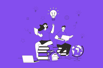 Leinwandbilder - Knowledge web concept with character scene in flat design. People reading different books for improving skills and preparing to graduates exam. Illustration for social media marketing material.