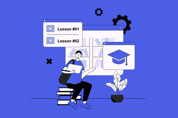 Learning management system web concept with character scene in flat design. People studying at online courses platform with video lessons. Illustration for social media marketing material.