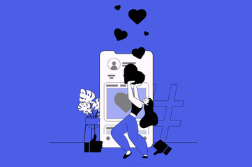 Aufkleber - Social media platform web concept with character scene in flat design. People likes post using mobile app, browsing and communicating online. Illustration for social media marketing material.