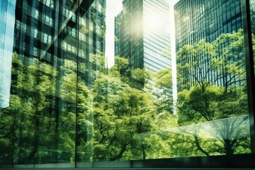 double exposure of lush green forest and modern skyscrapers windows of building. green city concept 