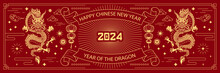 Happy Chinese New Year 2024 The Dragon Zodiac Sign With Clouds, Lantern, Asian Elements Gold Paper Cut Style On Color Background. Year Of The Dragon Banner	
