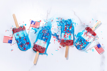 Sticker - Red, white and blue ice pops.  Patriotic USA lollypops ice cream for july 4 party or bbq picnic, tasty popsicles with fruit berry flavours