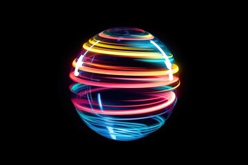 Whirling multi colored iridescent light trails sphere on solid black background, generative ai beautiful art