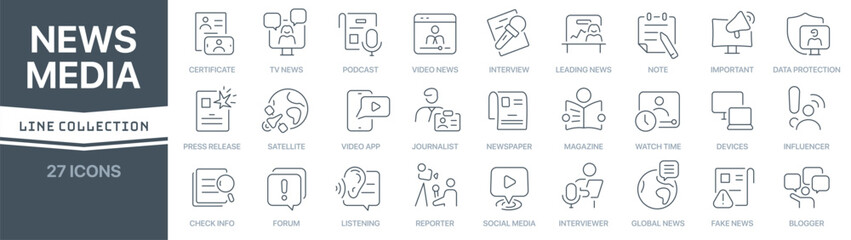 Poster - News and media linear signed icon collection. Signed thin line icons collection. Set of news and media simple outline icons