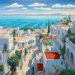 Digital artistic representations of what could be a mix between ancient Babylon and Sidi Bou Said.