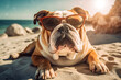 Cute British English bulldog breed in sunglasses sunbathing at seaside resort sand near sea or ocean water. Vacation rest in hot country beach concept. Generative AI Technology