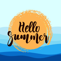 vector hello summer background with sun, sky, ocean waves