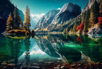 Wall Mural - Autumn landscape with lake and mountains in the background. Lake in the mountains. generative ai