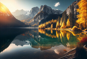 Wall Mural - Autumn landscape with lake and mountains in the background. Lake in the mountains. generative ai