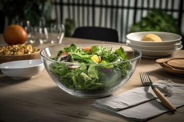 Wall Mural - Diet green salad with lettuce and vegetables in a plate on the table. Generative AI