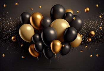 Black and gold balloons on a black background with confetti. 3d illustration. generative ai