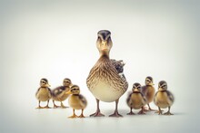 Cute Duck And Young Duckling Animals,Family Walking On White Background, Funny Yellow Group,AI Generated.