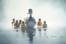 Mother Duck With Her Family Of Ducklings On White Background,Great Family Or Team Metaphor,AI Generated.