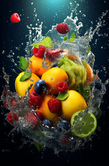  fresh multi fruits splashing into blue clear water splash, healthy food diet freshness concept