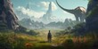 Rear view of a time traveler stepping into a vibrant landscape of the past, where dinosaurs roam and ancient flora flourishes, concept of Temporal displacement, created with Generative AI technology