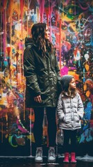 Poster - A woman and a little girl standing in front of a colorful wall. Generative AI image.