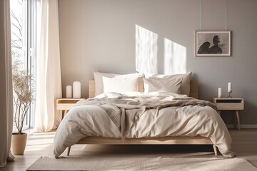 cozy modern scandi style bedroom with wooden bed, white and beige blanket and pillow, sunlight from window, cream curtain on grey wall with art, plant, for interior design background, generative AI
