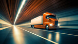 Fototapeta Sawanna - Semi truck driving through tunnel - Generative Ai