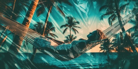 Poster - A woman laying in a hammock on the beach. Generative AI image.