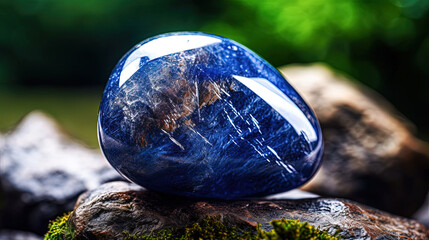 Smooth polished blue jewel. Piece of oval crystal. Generative AI