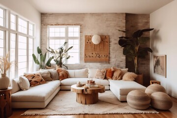 Stylish boho compostion at living room interior with design white sofa, wooden coffee table and elegant personal accessories. colorful orange and yellow patterned pillows. Home decor, generative AI