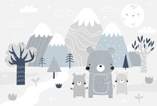 Vector Children Hand Drawn Mountain And Cute Bears Illustration In Scandinavian Style. Mountain Landscape, Clouds. Children's Forest Wallpaper. Mountainscape, Children's Room Design, Wall Decor.