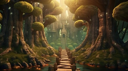 Wall Mural - A magical and misty fantastic forest with ponds. Generative AI