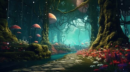 Poster - A magical and misty fantastic forest with ponds. Generative AI