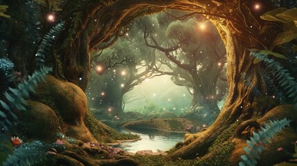 Poster - A magical and misty fantastic forest with ponds. Generative AI
