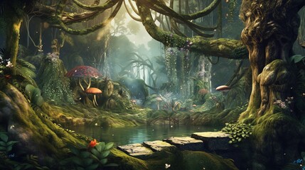 Poster - A magical and misty fantastic forest with ponds. Generative AI