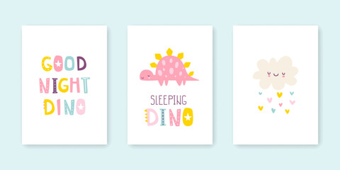Wall Mural - cute poster set with sleeping dino for baby girls. scandinavian print collection with dreaming dinos