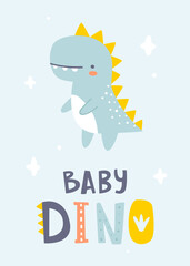 Wall Mural - cute dino print with text. poster with abstract dinosaur and lettering. scandinavian print with dino