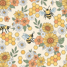 Retro 70s 60s Groovy Hippie Flower Bee Honeycomb Vector Seamless Pattern. Summer Honey Lover Background. Bee Aesthetic Surface Design