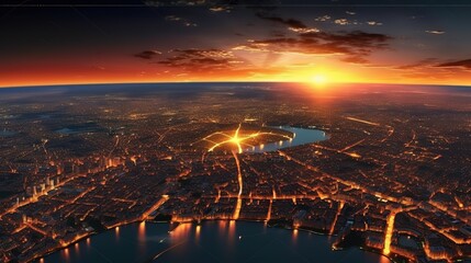 Aufkleber - View of the land at sunset, the light of lights from houses.Generative AI