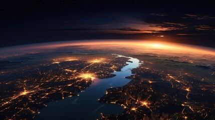 Aufkleber - View of the land at sunset, the light of lights from houses.Generative AI